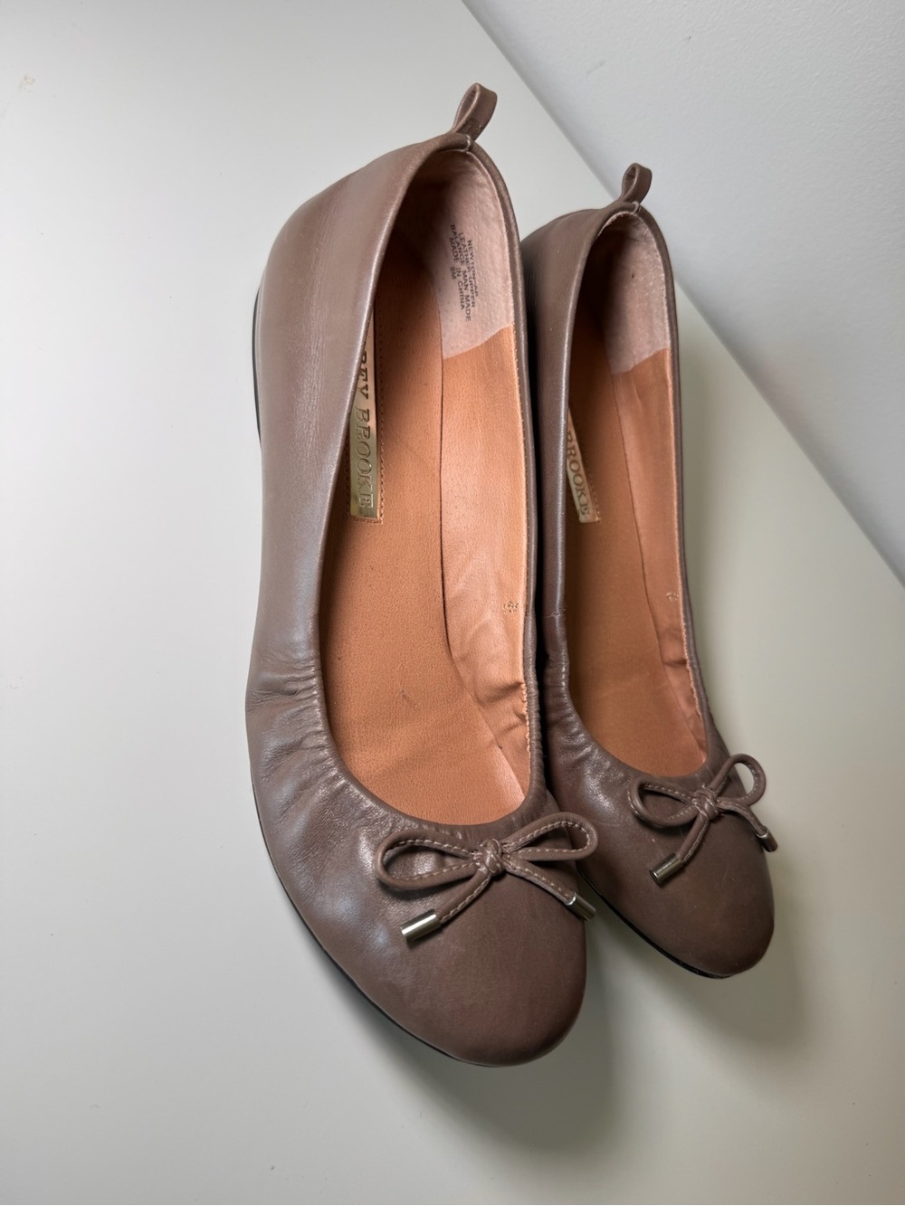 Audrey Brooke Newton Dark Taupe Delicate Bow Leather Ballet Flats silver detail